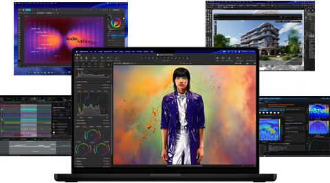 Varias imágenes con contenido colorido de apps de producción de música, diseño gráfico, animación 3D y edición de fotos en pantallas de Mac que muestran el potente rendimiento gráfico