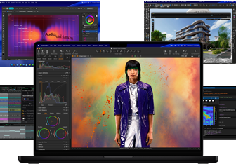Varias imágenes con contenido colorido de apps de producción de música, diseño gráfico, animación 3D y edición de fotos en pantallas de Mac que muestran el potente rendimiento gráfico