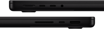Vista de los puertos de la MacBook Pro, lado izquierdo: MagSafe 3, dos puertos Thunderbolt y entrada para audífonos, lado derecho: ranura para tarjeta SDXC, un puerto Thunderbolt y puerto HDMI