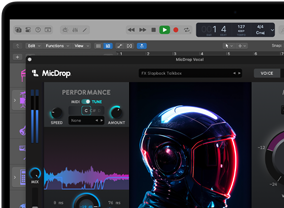 Contenido en pantalla que muestra el software MicDrop usando funcionalidades de IA para editar una grabación de voz en una MacBook Pro